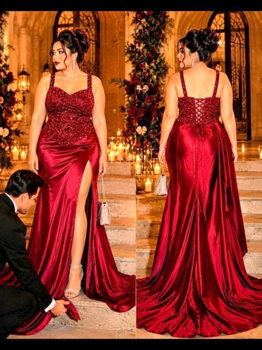 LadivineSequin Bodice Satin High-Slit Gown red